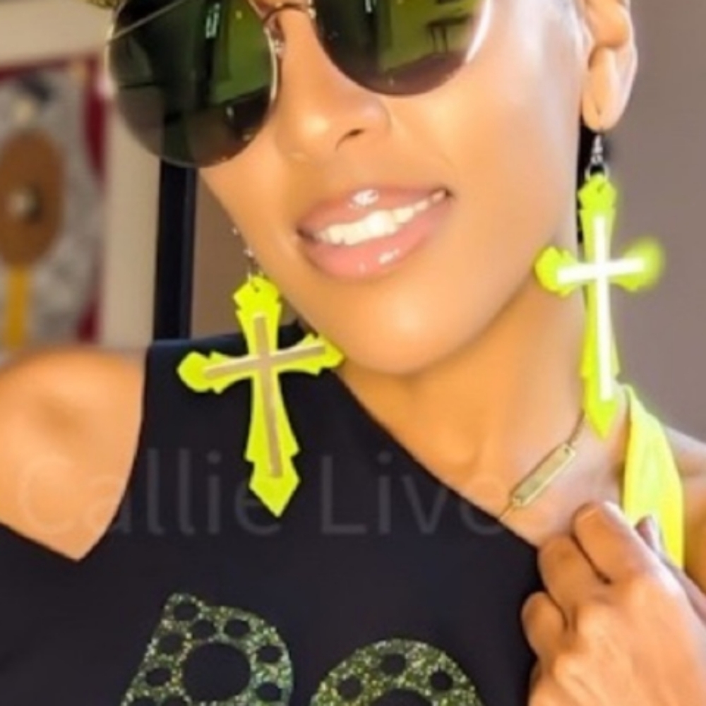 New Yellow Mirrored Wooden Christian Cross Earrings